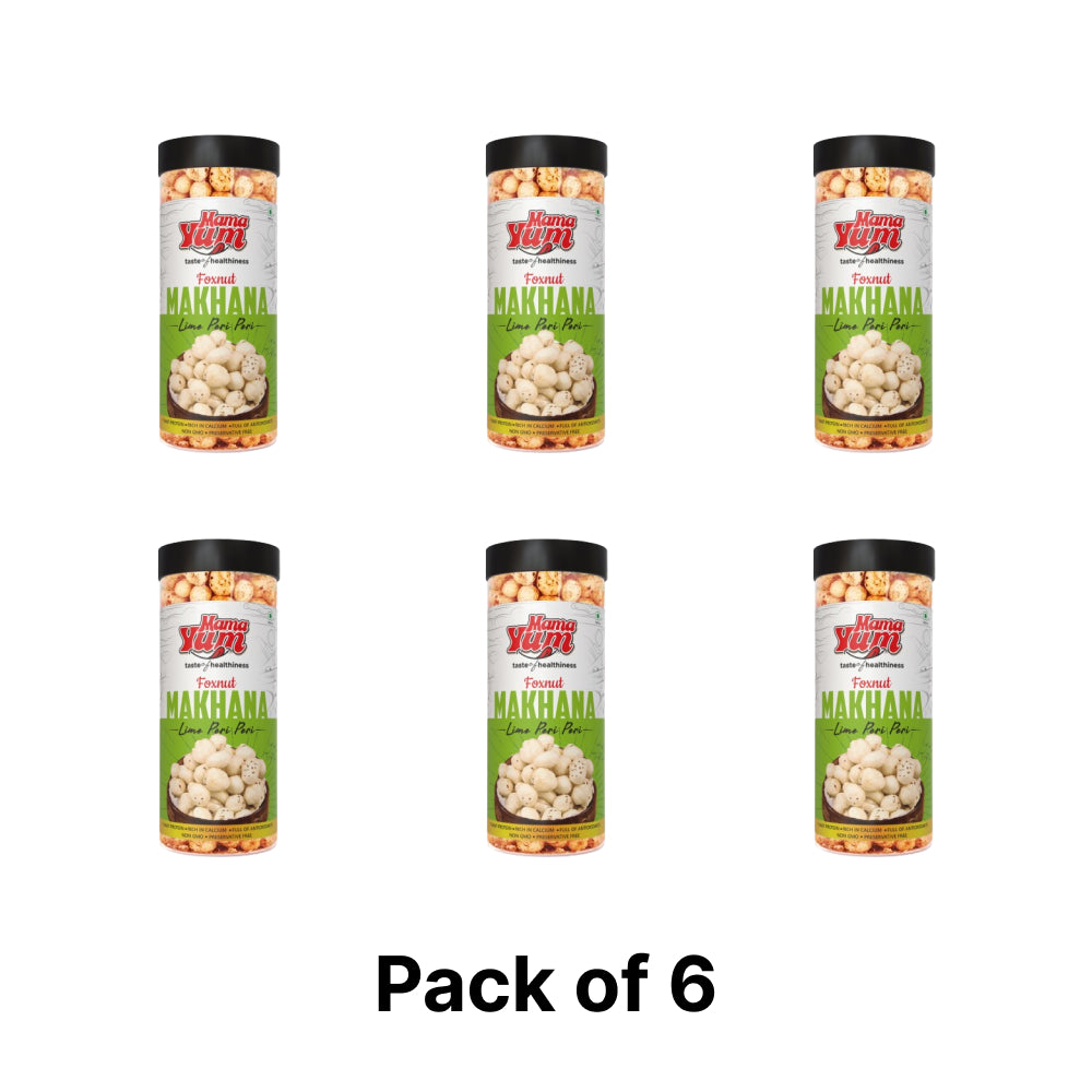 MamaYum Snacks Makhana / Fox-Nuts Lime Peri Peri 90g Jar(Pack of 6)
