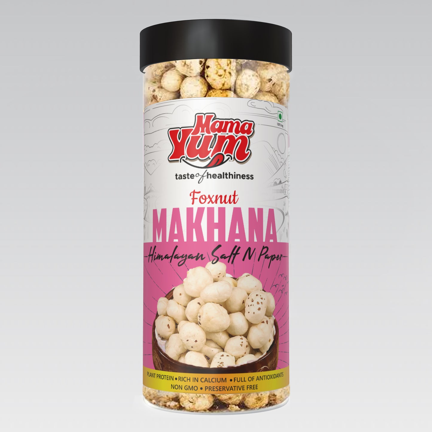 MamaYum Snacks Makhana / Fox-Nuts Himalayan Salt N Peppers 90g Jar(Pack of 1)