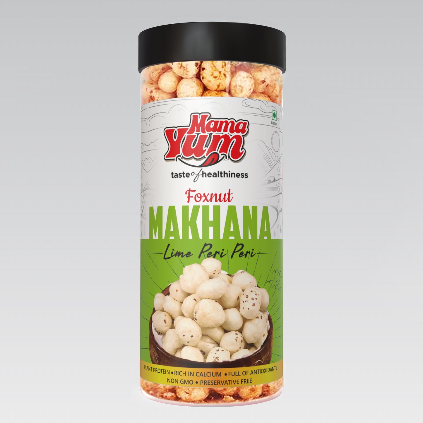 MamaYum Snacks Makhana / Fox-Nuts Lime Peri Peri 90g Jar(Pack of 5)